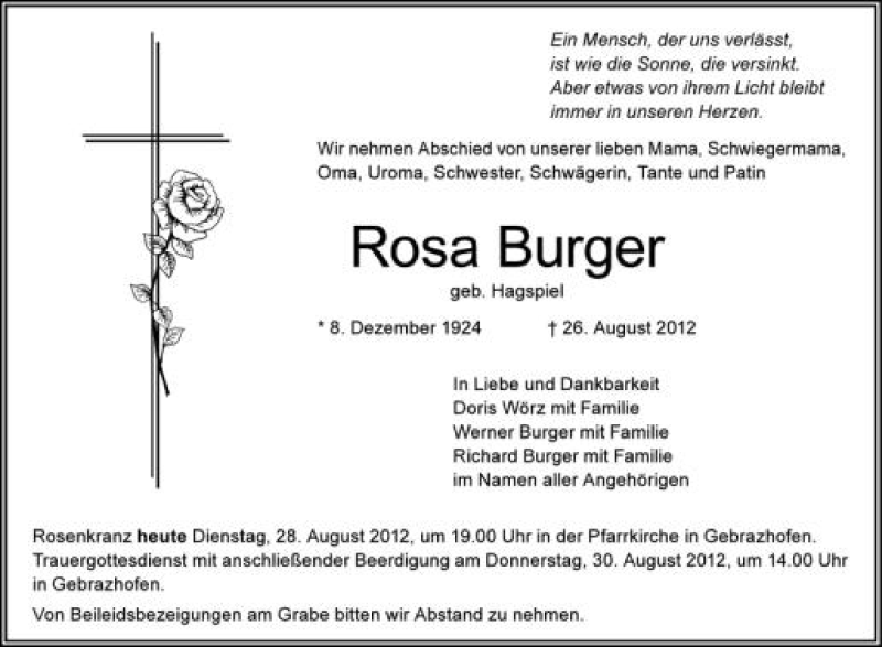  Traueranzeige für Rosa Burger vom 28.08.2012 aus Schwäbische Zeitung