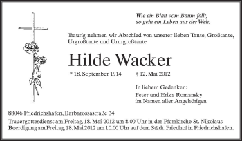 Anzeige von Hilde Wacker von Schwäbische Zeitung