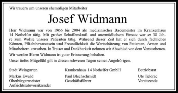 Anzeige von Josef Widmann von Schwäbische Zeitung