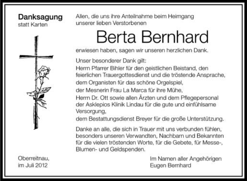  Traueranzeige für Berta Bernhard vom 04.07.2012 aus Schwäbische Zeitung
