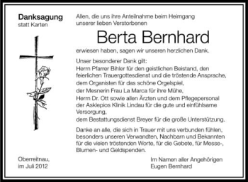 Anzeige von Berta Bernhard von Schwäbische Zeitung