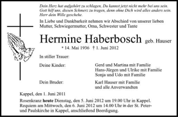 Anzeige von Hermine Haberbosch von Schwäbische Zeitung