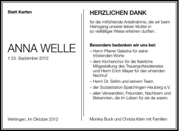 Anzeige von Anna Welle von Schwäbische Zeitung
