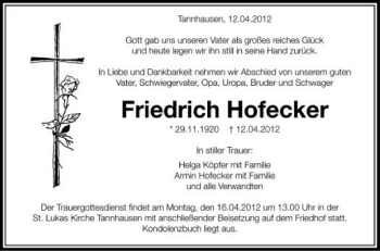 Anzeige von Friedrich Hofecker von Schwäbische Zeitung