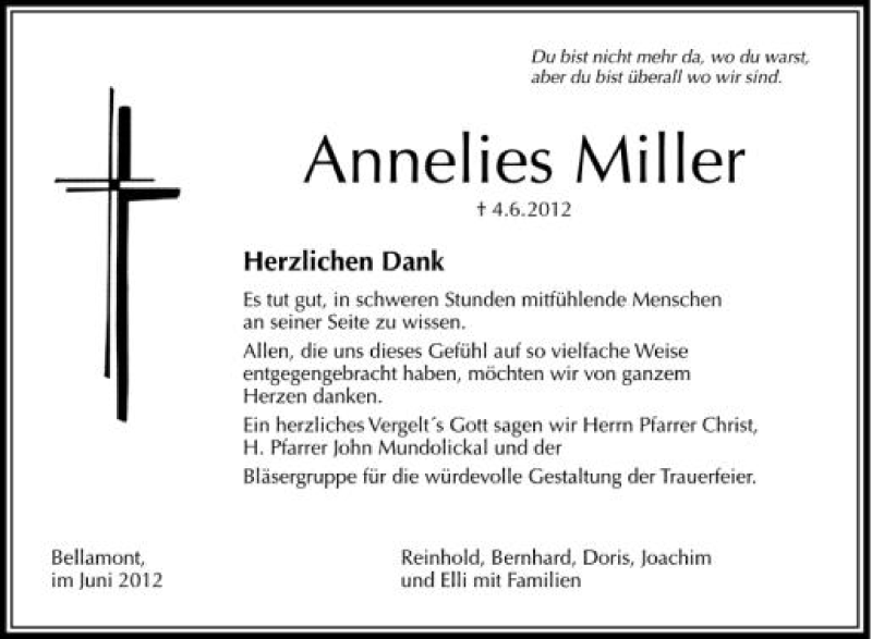  Traueranzeige für Annelies Miller vom 23.06.2012 aus Schwäbische Zeitung