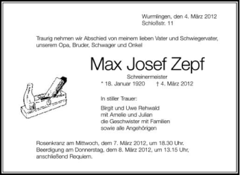 Anzeige von Max Josef Zepf von Schwäbische Zeitung