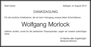 Anzeige von Wolfgang Morlock von Schwäbische Zeitung
