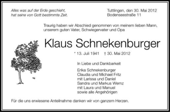 Anzeige von Klaus Schnekenburger von Schwäbische Zeitung