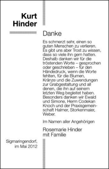 Anzeige von Kurt Hinder von Schwäbische Zeitung