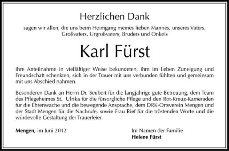  Traueranzeige für Karl Fürst vom 02.06.2012 aus Schwäbische Zeitung