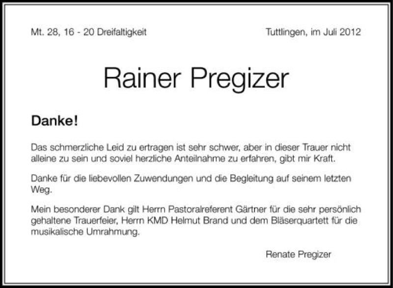  Traueranzeige für Rainer Pregizer vom 31.07.2012 aus Schwäbische Zeitung