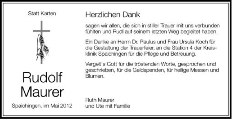  Traueranzeige für Rudolf Maurer vom 19.05.2012 aus Schwäbische Zeitung