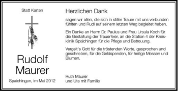 Anzeige von Rudolf Maurer von Schwäbische Zeitung