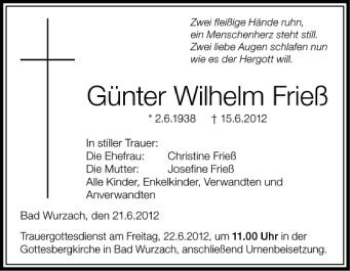 Anzeige von Günter Wilhelm Frieß  von Schwäbische Zeitung