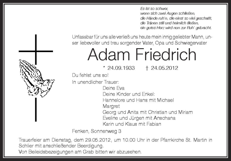  Traueranzeige für Adam Friedrich vom 26.05.2012 aus Schwäbische Zeitung