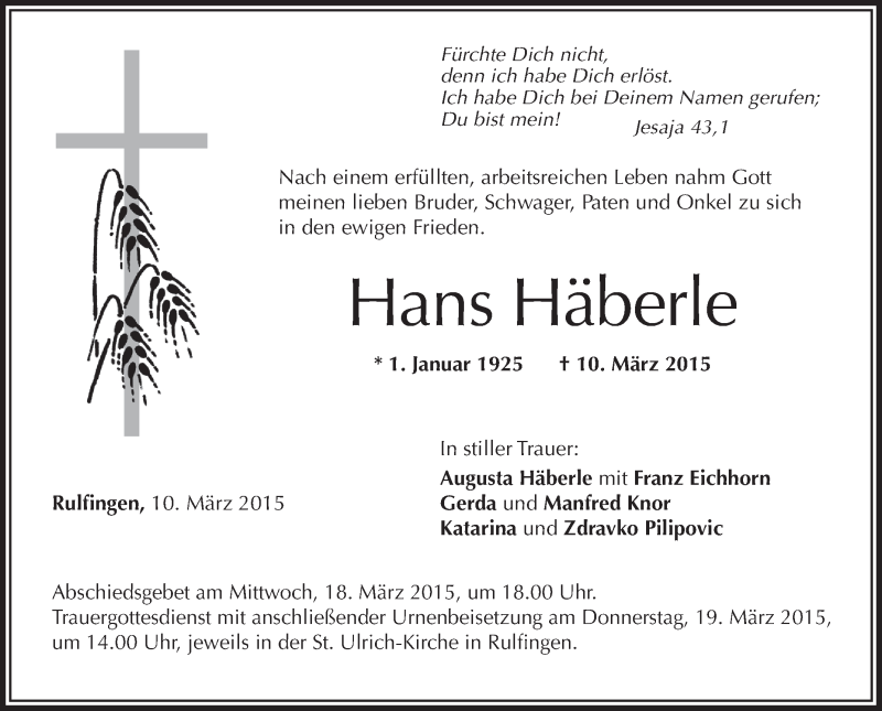  Traueranzeige für Hans Häberle vom 14.03.2015 aus Schwäbische Zeitung