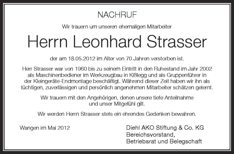  Traueranzeige für Leonhard Strasser vom 24.05.2012 aus Schwäbische Zeitung