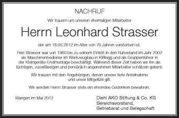 Anzeige von Leonhard Strasser von Schwäbische Zeitung