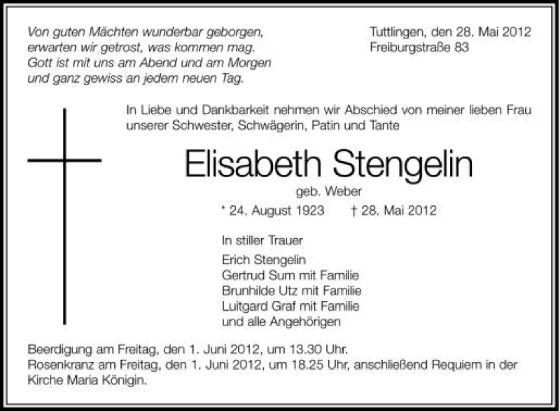  Traueranzeige für Elisabeth Stengelin vom 30.05.2012 aus Schwäbische Zeitung