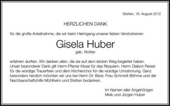 Anzeige von Gisela Huber von Schwäbische Zeitung