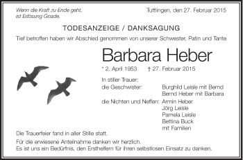 Anzeige von Barbara Heber von Schwäbische Zeitung