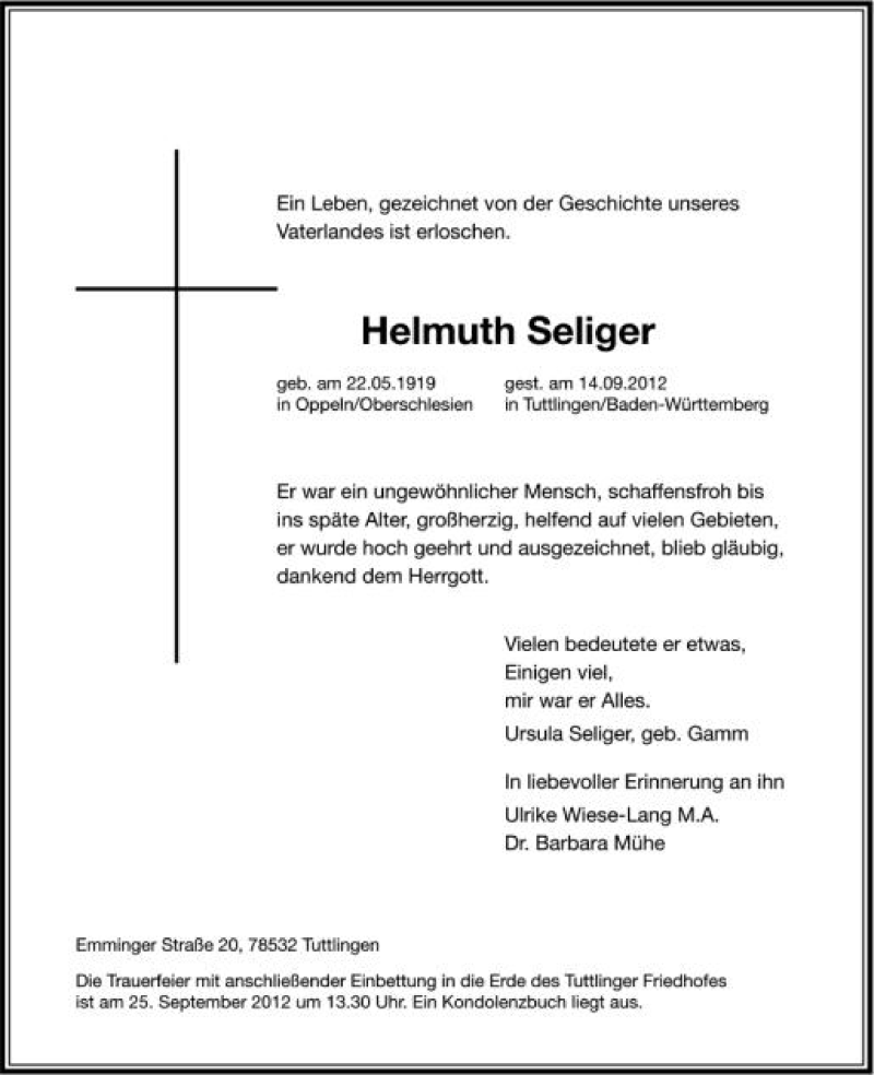  Traueranzeige für Helmuth Seliger vom 20.09.2012 aus Schwäbische Zeitung