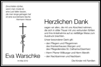 Anzeige von Eva Warschke von Schwäbische Zeitung