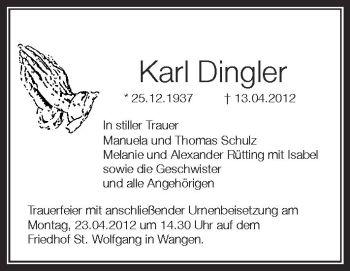 Anzeige von Karl Dingler von Schwäbische Zeitung