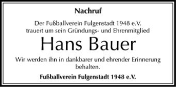 Anzeige von Hans Bauer von Schwäbische Zeitung