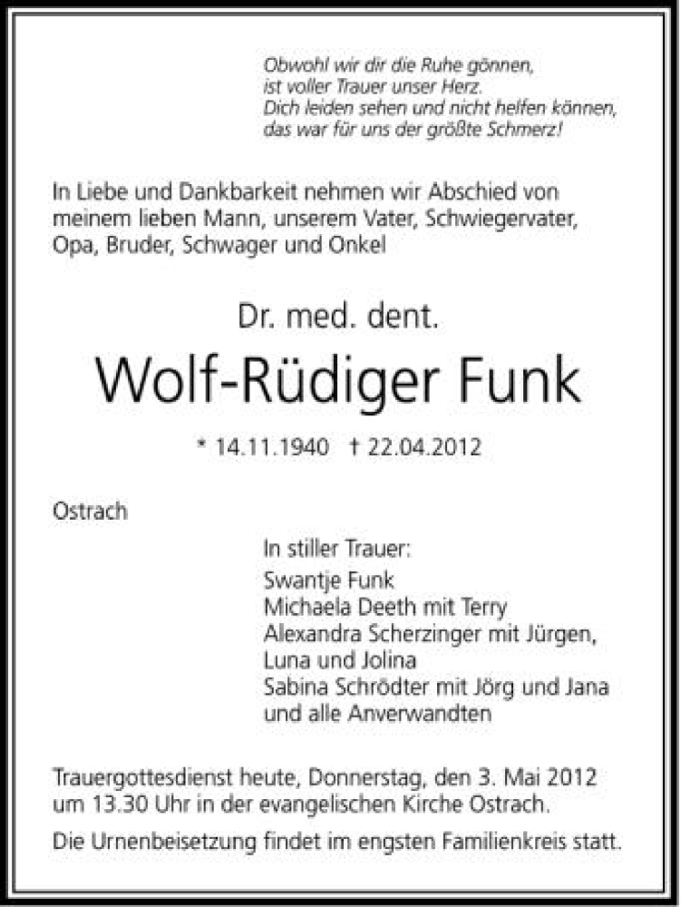  Traueranzeige für Wolf-Rüdiger Funk vom 03.05.2012 aus Schwäbische Zeitung