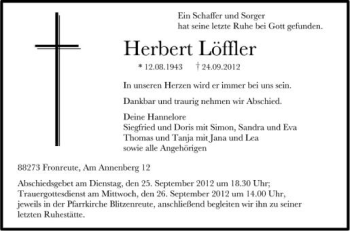 Anzeige von Herbert Löffler von Schwäbische Zeitung