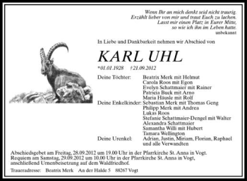 Anzeige von Karl Uhl von Schwäbische Zeitung