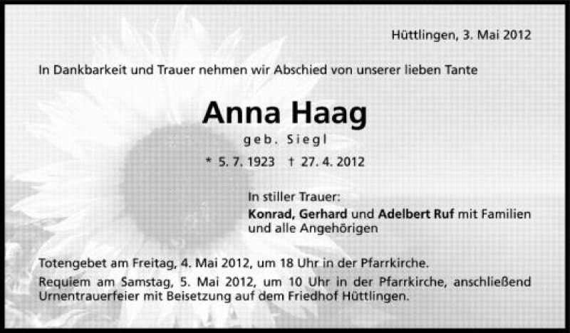  Traueranzeige für Anna Haag vom 03.05.2012 aus Schwäbische Zeitung