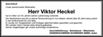 Anzeige von Viktor Heckel von Schwäbische Zeitung