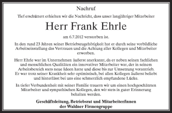 Anzeige von Frank Ehrle von Schwäbische Zeitung