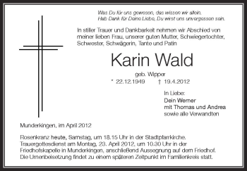 Anzeige von Karin Wald von Schwäbische Zeitung