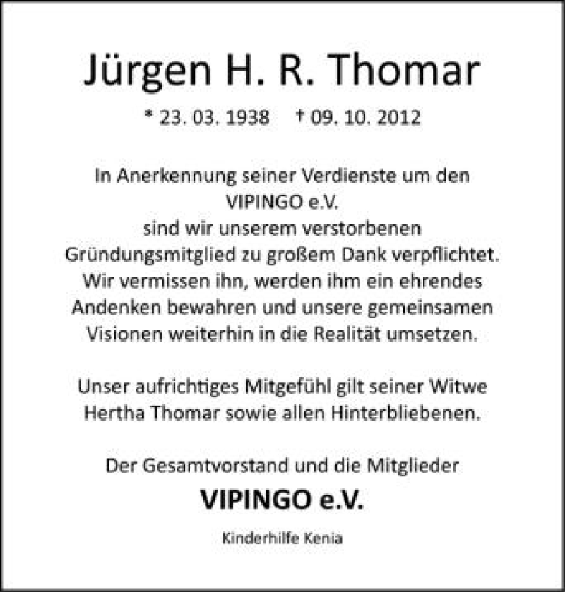  Traueranzeige für Jürgen Thomar vom 27.10.2012 aus Schwäbische Zeitung