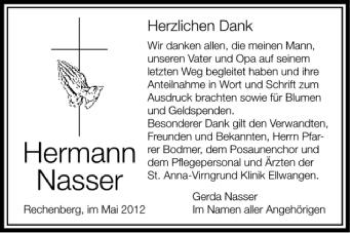 Anzeige von Hermann Nasser von Schwäbische Zeitung