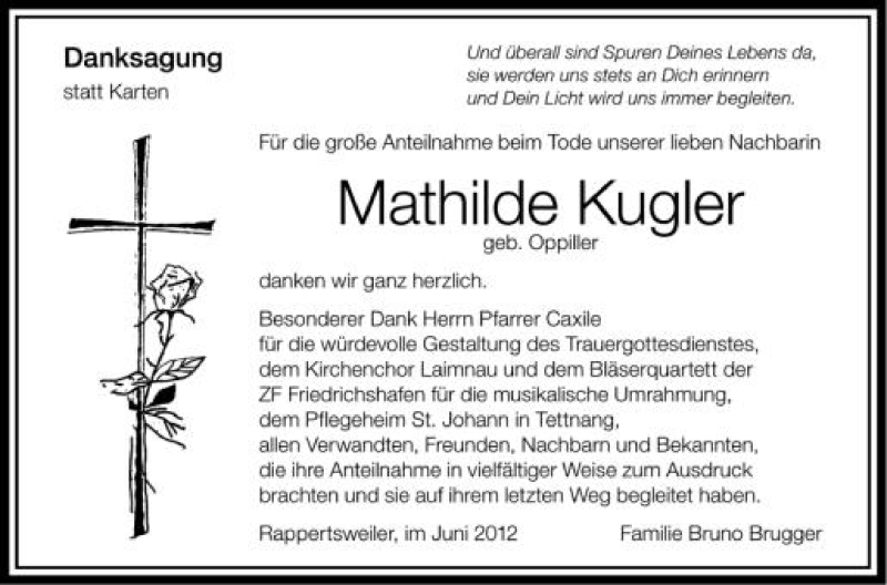  Traueranzeige für Mathilde Kugler vom 23.06.2012 aus Schwäbische Zeitung
