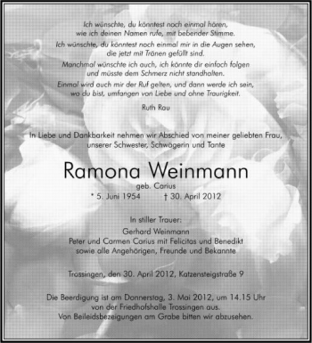 Anzeige von Ramona Weinmann von Schwäbische Zeitung