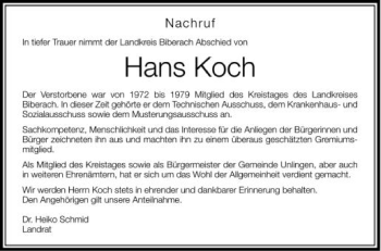 Anzeige von Hans Koch von Schwäbische Zeitung