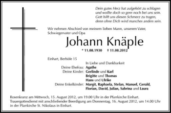 Anzeige von Johann Knäple von Schwäbische Zeitung