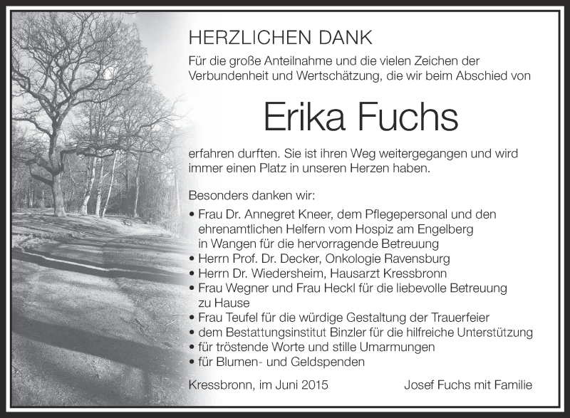  Traueranzeige für Erika Fuchs vom 24.06.2015 aus Schwäbische Zeitung