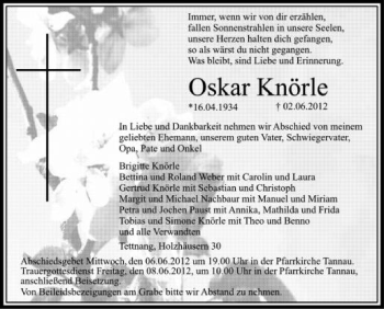 Anzeige von Oskar Knörle von Schwäbische Zeitung