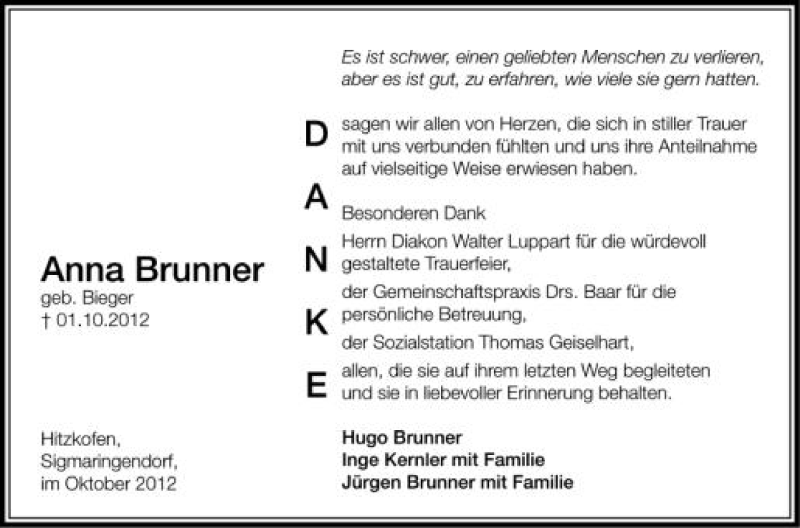  Traueranzeige für Anna Brunner vom 18.10.2012 aus Schwäbische Zeitung