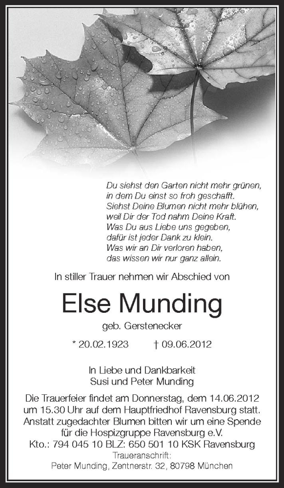  Traueranzeige für Else Munding vom 12.06.2012 aus Schwäbische Zeitung