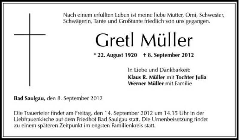  Traueranzeige für Gretl Müller vom 12.09.2012 aus Schwäbische Zeitung