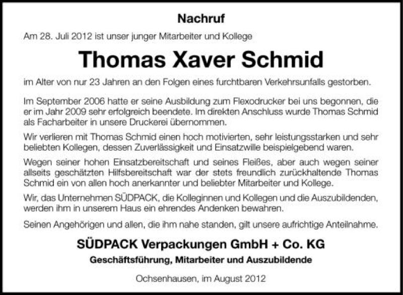  Traueranzeige für Thomas Xaver Schmid vom 03.08.2012 aus Schwäbische Zeitung