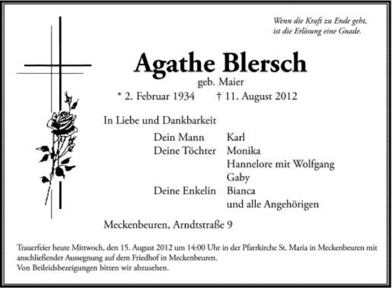  Traueranzeige für Agathe Blersch vom 15.08.2012 aus Schwäbische Zeitung
