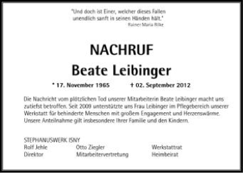 Anzeige von Beate Leibinger von Schwäbische Zeitung